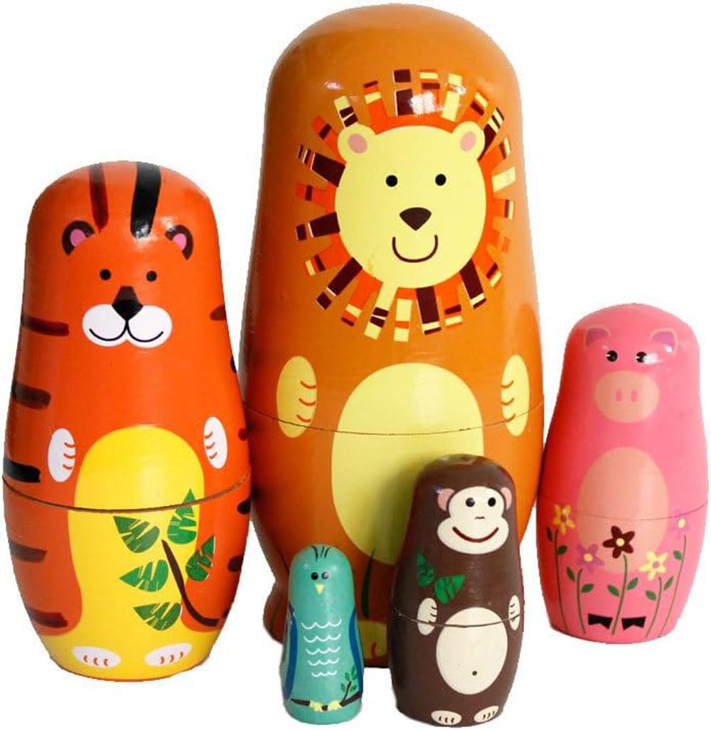 Oostifun 5pcs Cartoon Cute Handmade Russian Nesting Doll Playsets Wooden Animals Nesting Dolls Stacking Dolls Collection Decoration (Animals)