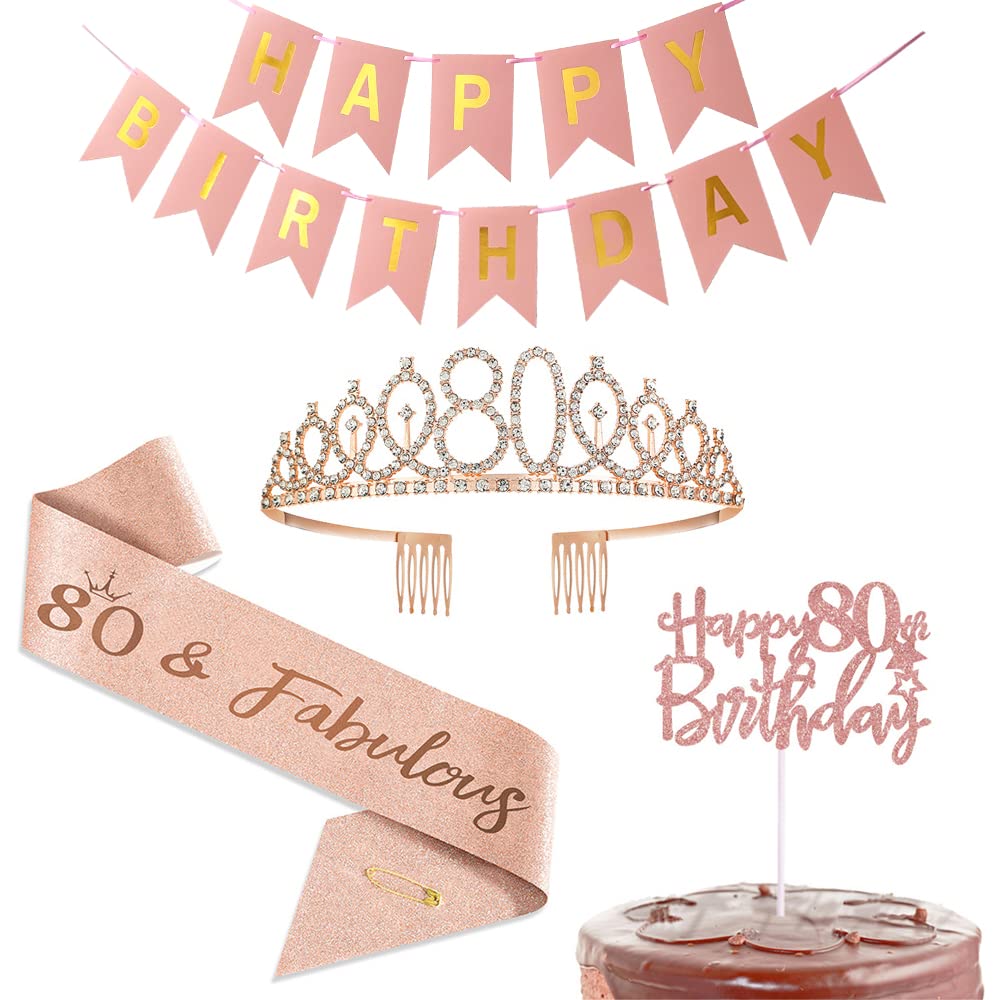 Happy 80th Birthday Decorations Party Favor Supplies for Women,Rose Gold Happy Birthday Banner,Sash,Tiara Crown,Cake Topper,for Women 80th Party Decoration Gifs