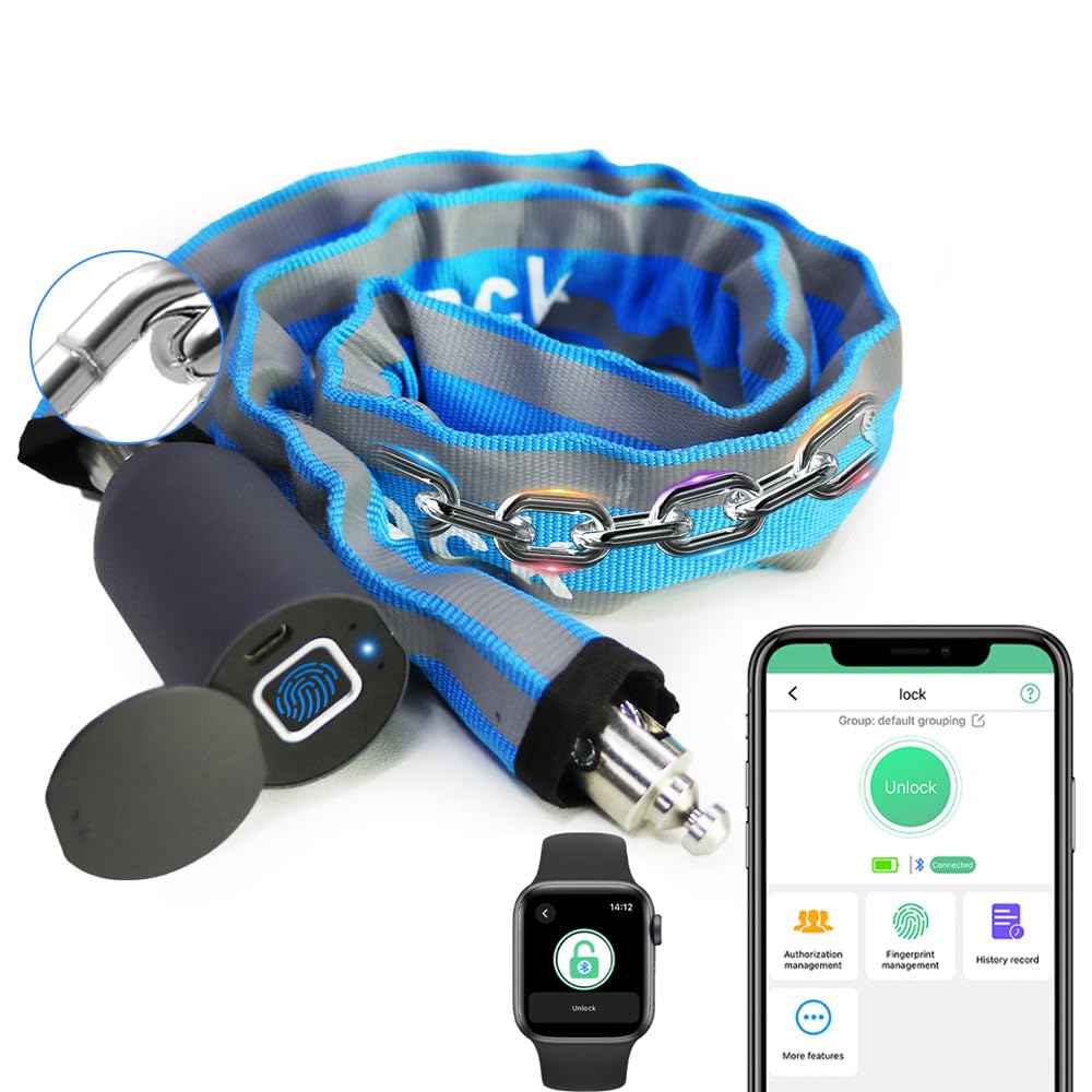 Chain Lock eLinkSmart Keyless Waterproof Bike Lock 100CM for Bicycle Scooter Motorcycle Door Fence Gate Fingerprint Bluetooth App Heavy Duty Security Blue 2024 New