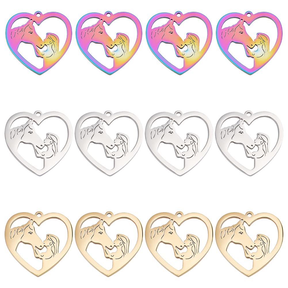 DICOSMETIC 24Pcs 3 Colors Girl Horse Pendants Hollow Heart Pendants Horsemanship Charms Stainless Steel Dangle Charms Gifts for Teenager Horse Lover DIY Jewelry Making, Hole: 1.5mm