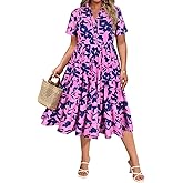 CARCOS Plus Size Dresses for Curvy Women Collared Vneck Short Sleeve Dresses Midi Summer Ruffle Dress with Pocket XL-5XL