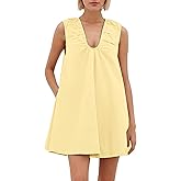 Livtany Women's Scoop Neck Babydoll Cute Mini Dress Flowy Sleeveless Short Dress Ruched Loose Fit Summer Dresses with Pockets