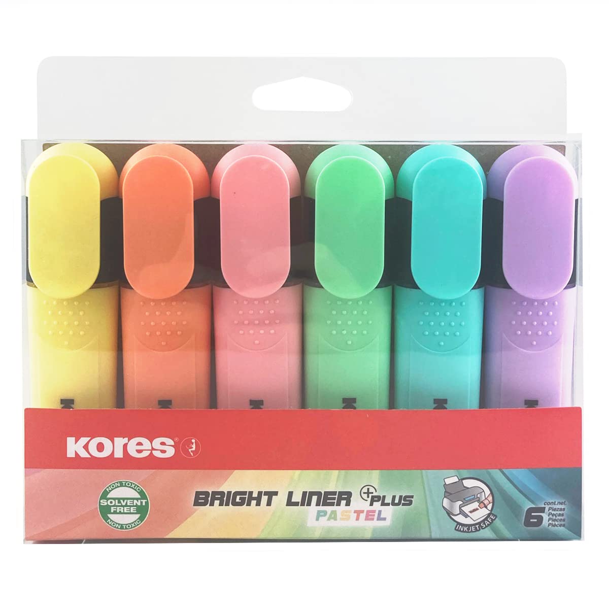 Kores - Pastel Highlighter Pen - Bright Liner Plus, Flat Shaped, Chisel Tip, Universal Water Based-Ink Highlighter Pen with Ergonomic Shape - Stationery School Supplies, Office Supplies - Pack of 6
