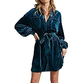 chouyatou Women's Elegant Long Sleeve Button Down Velvet Shirt Mini Dress with Belt
