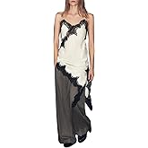 Women Silk Satin Extra Long Camisole Lace Asymmetrical Trim Cami Tank Crop Tops Y2k Silky High Low Lace Slip Dress