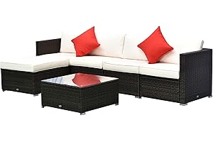 Outsunny 6 Piece Patio Furniture Set Outdoor Wicker Conversation Set All Weather PE Rattan Sectional Sofa Set with Ottoman, Cushions and Tempered Glass Table, Mixed Brown and Cream White