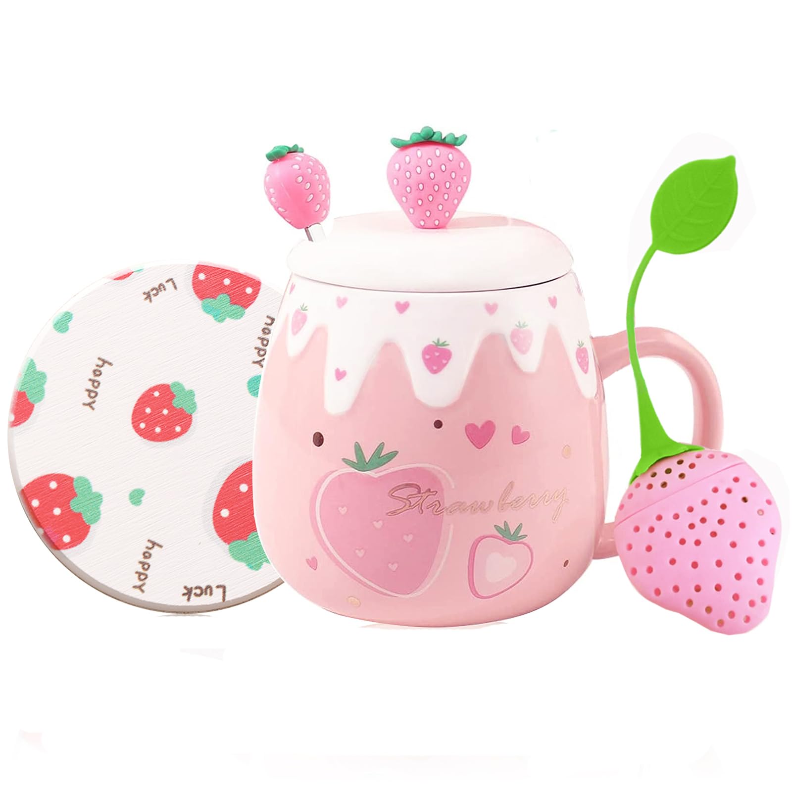 Cute Strawberry Mugs Pink Coffee Mug Ceramic kawaii Cup Morning Tea Milk Fruit Mug with Lovely Lid Stainless Steel Spoon Creative Novelty Birthday Valentine's Day Christmas for Lovers Girl 500ML (B)