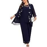 Women's Plus Size Wedding Pant Suits 3 Piece Chiffon Party Outfit for Mother of The Groom Bride Evening Gowns