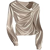 GORGLITTER Women's Asymmetrical Neck Satin Tops Dressy Casual Long Sleeve Ruched Elegant Fall Going Out Tops