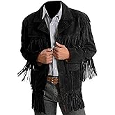 MATARTS Suede Leather Jacket for Men's Western Cowboy Native American Black Fringe Beaded Coat Outerwear