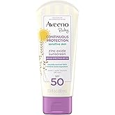 Aveeno Baby Continuous Protection Zinc Oxide Mineral Sunscreen Lotion for Sensitive Skin, Broad Spectrum SPF 50, Tear-Free, Sweat- & Water-Resistant, Paraben-Free, Travel-Size, 3 fl. oz