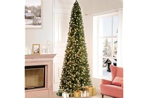 Naomi Home 9ft Slim Christmas Tree with Lights Realistic Skinny Pencil Christmas Tree Prelit with 1455 Branch Tips 500 Warm Lights and Metal Stand Aritificial Tree +ürbol De Navidad