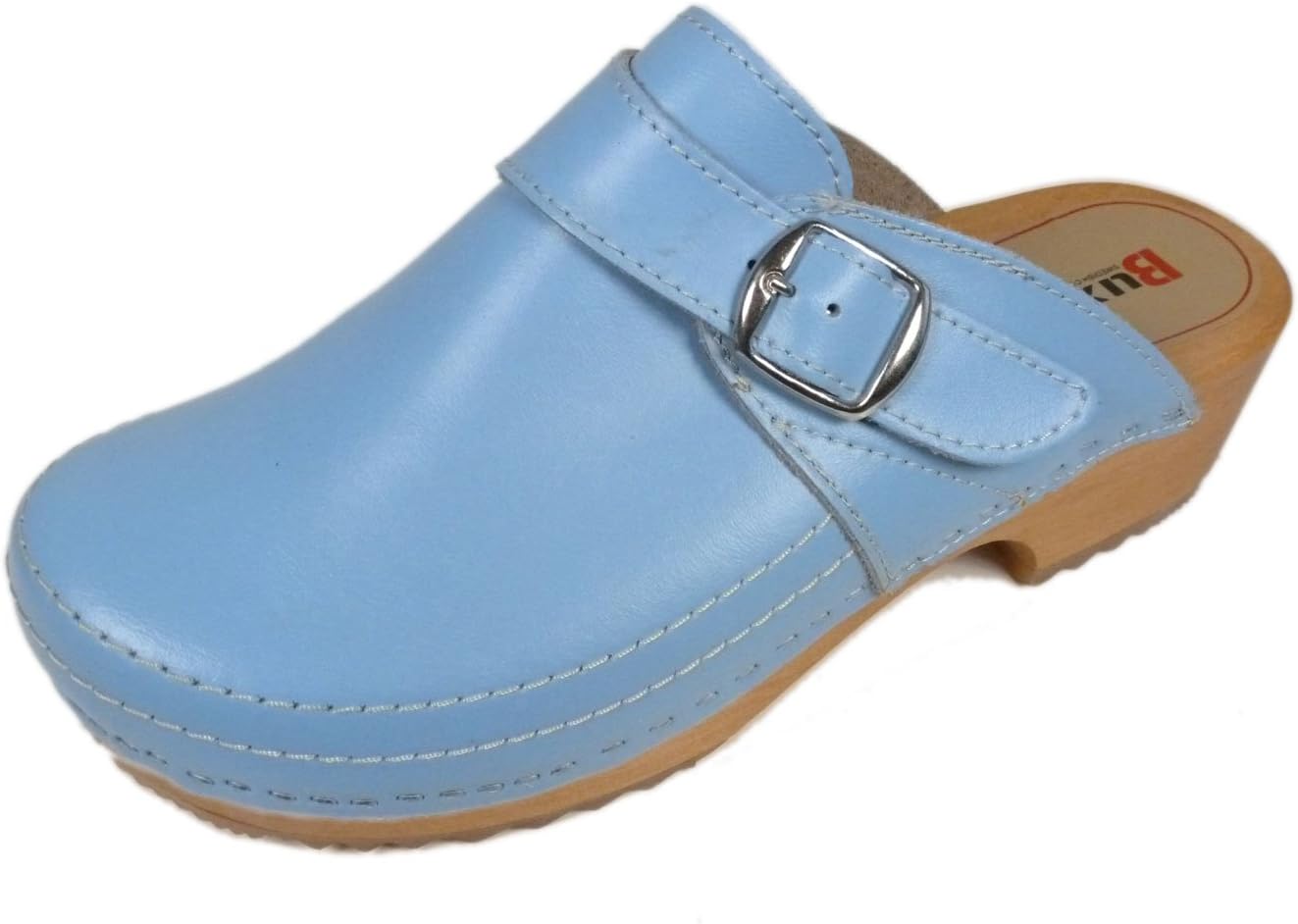 Ladies Leather/Wooden Clogs with Double Stitching and Buckle in Light Blue, Size 39/6 UK