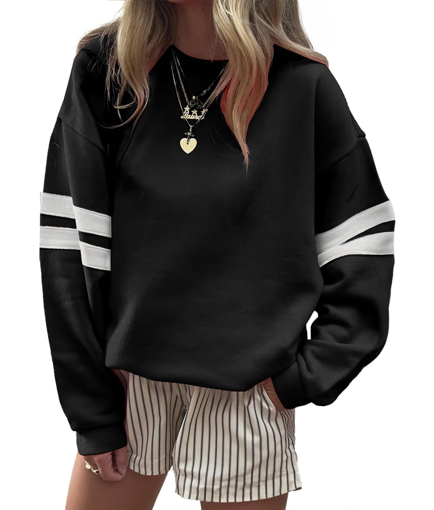 Photo 1 of Acelitt Women's Casual Winter Fashion 2025 Loose Crewneck Long Sleeve Comfy Striped Sweatshirts Pullover Black Large