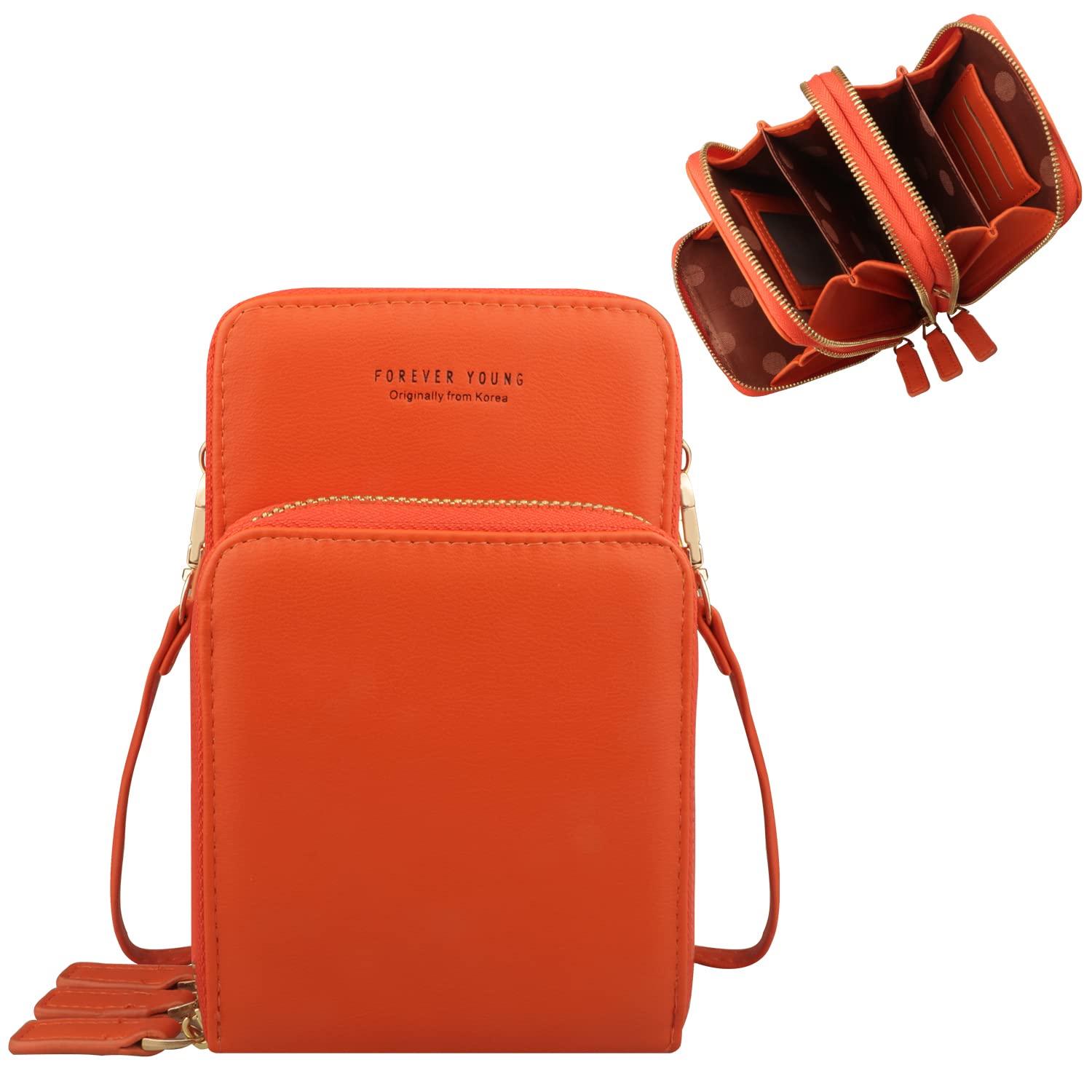 Fangoo Women Crossbody Phone Bag Small Cellphone Crossbody Purse Wallet Mini Lightweight Leather Cross Body Cell Phone Bag with Strap Card Slots (Orange) โ image 1