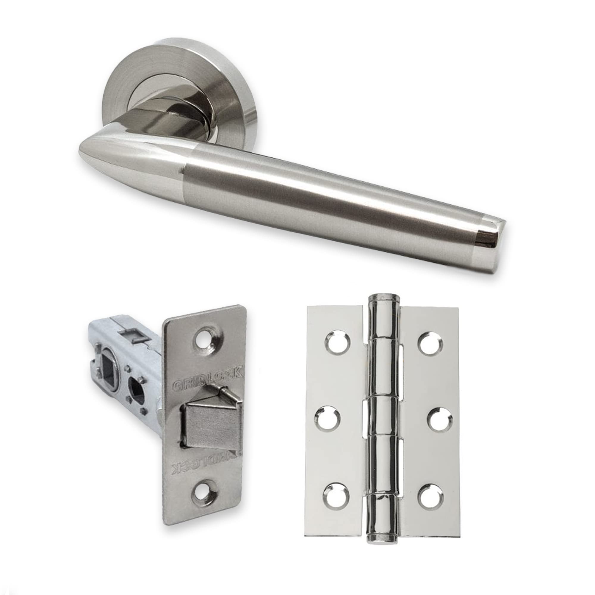 UAP Intelligent Hardware - Valiant Door Handle Pack with Hinges and Latch in Polished Chrome/Satin Nickel