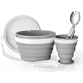 Odoland Camping Collapsible Silicone Cup and Bowl Set, Portable Mess Kit | Stainless Steel Spork with Lid, for 1 Person, Backpacking, Family Cookware, Hiking, Picnic, Travel