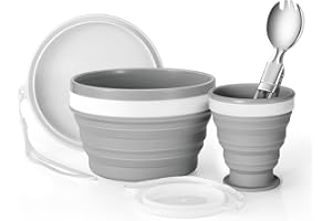 Odoland Camping Collapsible Silicone Cup and Bowl Set, Portable Mess Kit | Stainless Steel Spork with Lid, for 1 Person, Backpacking, Family Cookware, Hiking, Picnic, Travel