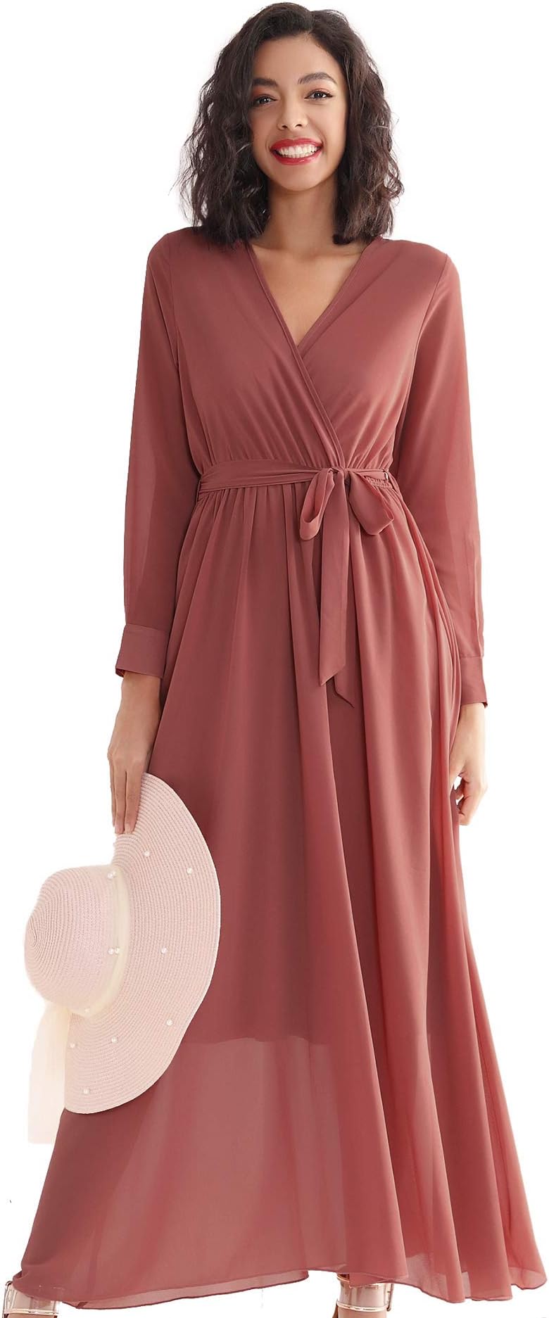 Double Chic Women's Casual Maxi Dress Deep V Neck Wrap Long Sleeve Swing Chiffon Dress with Pockets