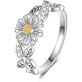 925 Sterling Silver Daisy Flower Ring for Women Leaves Floral Rings Stacking Statement Wedding Band Jewelry Gifts for Bride Wife Mom Her