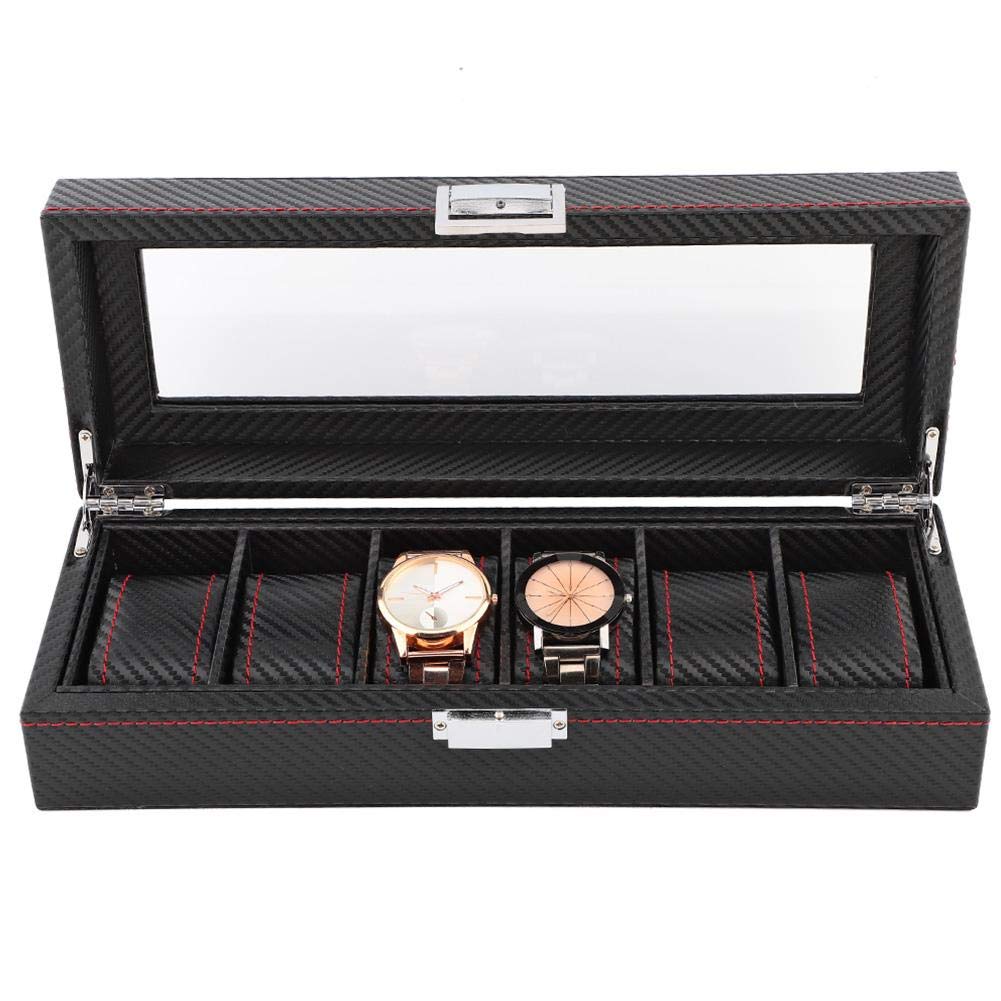 Men's Watch Box, 6 Slots Watch Case Display Organizer Watch Display Box Jewelry Storage Case Organiser with Pillows and Button Clasp for Men 13 * 4.7 * 3.3in