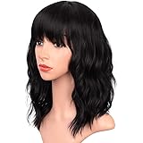 ENTRANCED STYLES Black Wigs with Bangs for Women 14 Inches Synthetic Curly Bob Wig for Girl Natural Looking Wavy Wigs