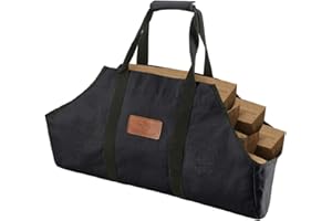 WHITEDUCK TUFF Large Firewood Carrier 21 Oz. Heavy Duty Waxed Canvas Log Carrier Holder for Fireplace, Carrying Wood Indoor & Outdoor (Black, Boat Shape (26"x17"x9"))
