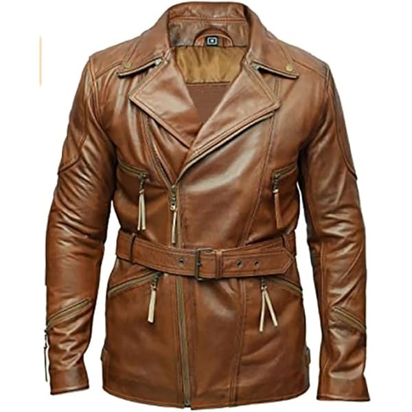 Infinity Men's Brown Sheepskin Leather Detachable Hood Duffle Coat