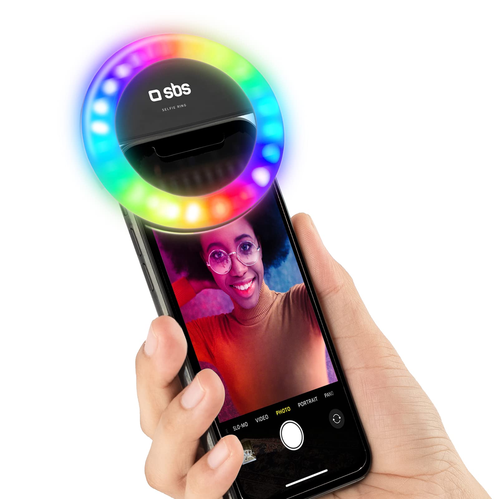 SBS Anello LED multicolore per smartphone, luce flash con regolazione dell'intensità, per TikTok, YouTube, Instagram, reel, selfie, vlog, cavo di ricarica USB incluso, luce multicolore, Unica
