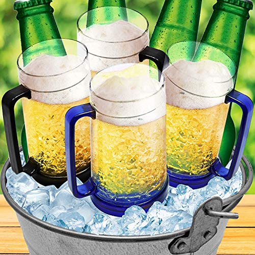 Drinking Glasses Cups, Double Wall Gel Freezer Beer Mugs, Freezer Ice Mugs Cups, 16oz, Plastic
