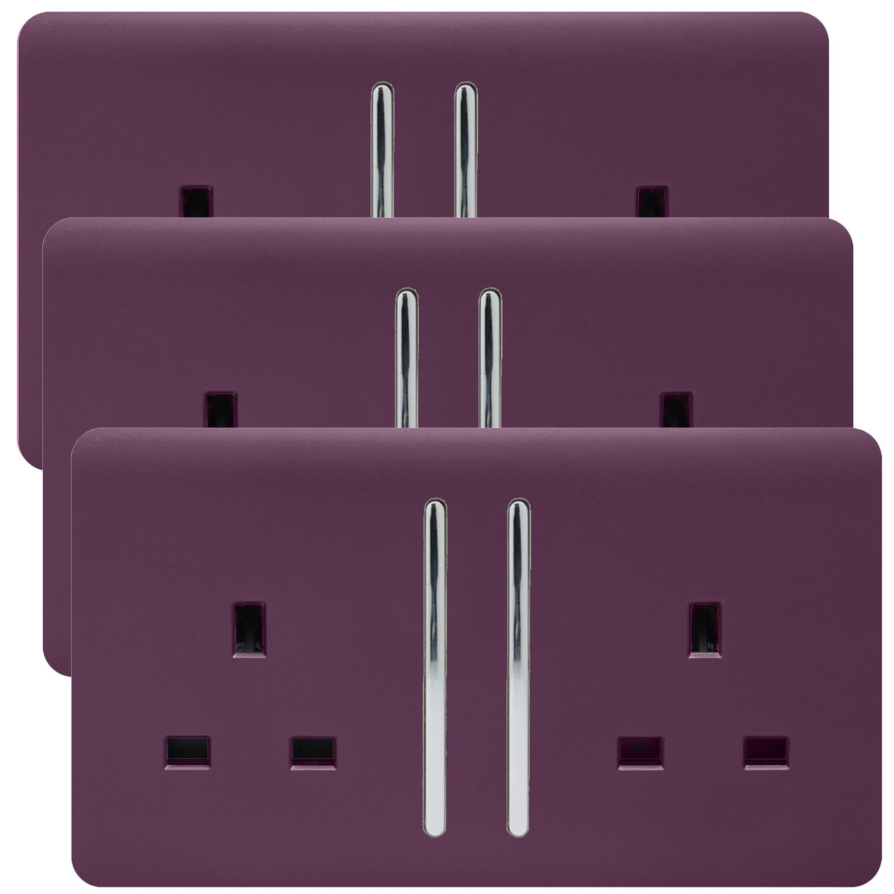 Trendi 2 Gang Artistic Modern Glossy 13 Amp Switched Plug Socket Plum (3 Pack)