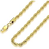 FOSIR 18K Gold Plated Rope Chain Stainless Steel Necklace for Men and Women, Wide 2.5mm 3mm 4mm 5mm