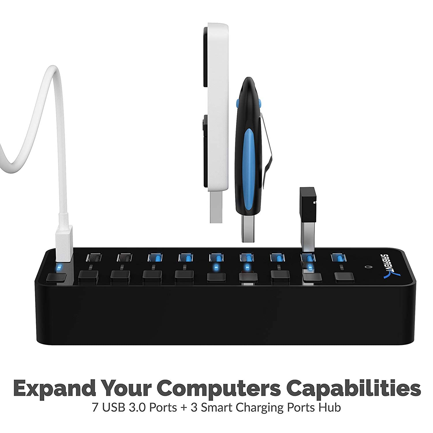 SABRENT 10-Port USB 3.0 Hub, Individual Power Switches and LEDs, 3 Smart Charging Ports, 60W Power Adapter, for PC, Mac, Xbox, PS5, Laptop, Desktop, USB Devices (HB-B7C3)