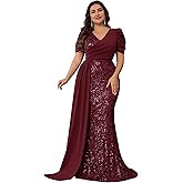 BluePlum Elegant Women’s Formal Dress Wedding Guest Puff Sleeve Mermaid Ball Gowns Court Train Plus Size Sequin Long Dresses