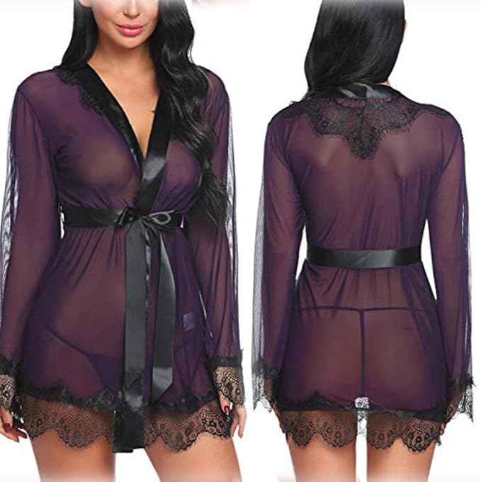 comeondear Lingerie Donna Pizzo Babydoll Sexy Hot Camicie da Notte Senza Maniche con Perizoma Mini Abito Schiena Vestito Intima Taglie Forti Scollo a V Trasparente Pigiama Nero L