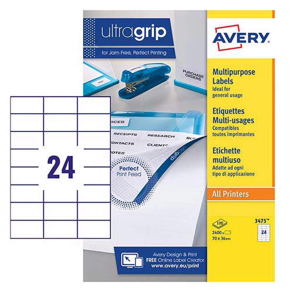 Avery 3475 Multipurpose Printable Labels, 70 x 36 mm, White, Permanent, 24 Labels per A4 Sheet, 2400 Labels per Pack – for Laser, Inkjet, Copier & Multifunction Printers