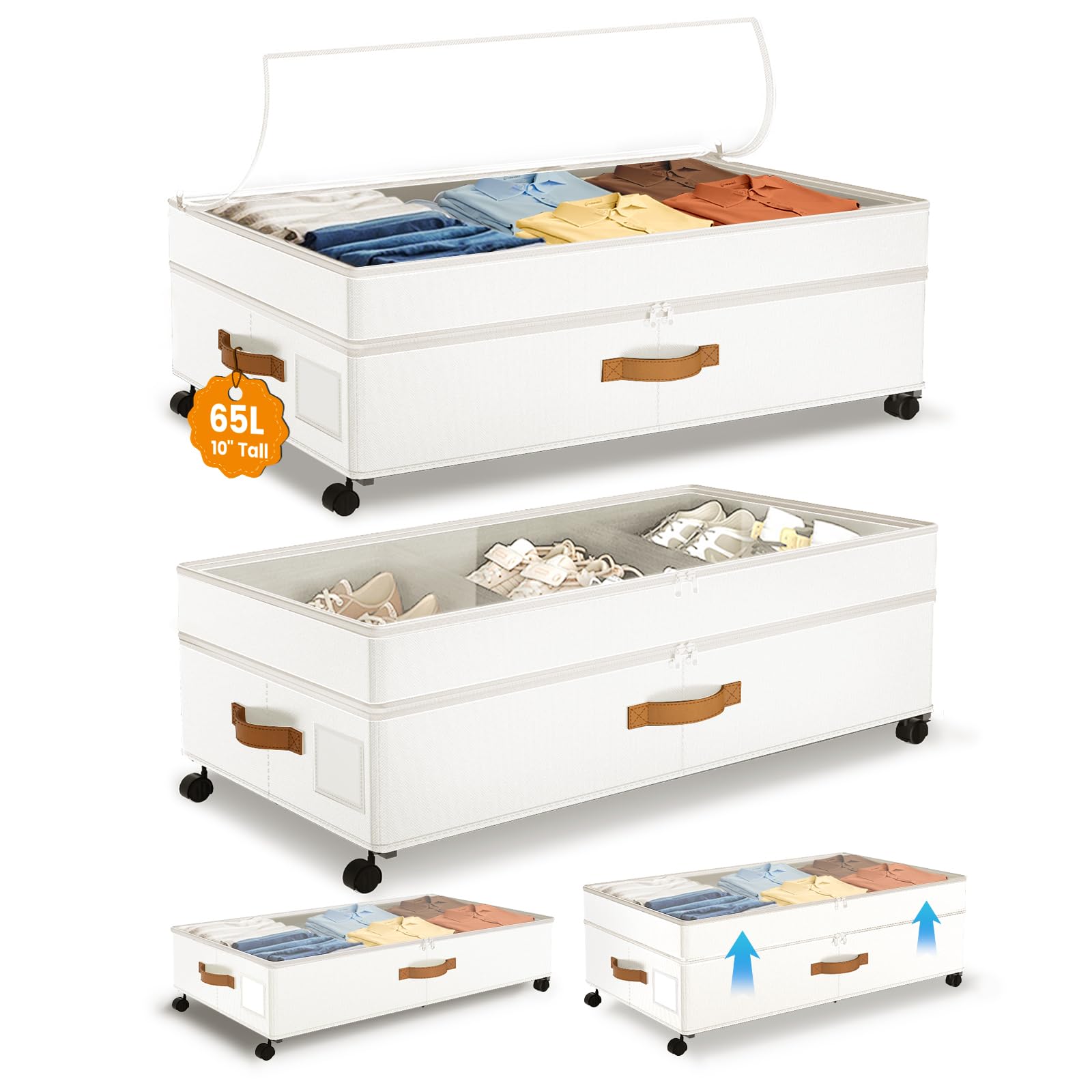Photo 1 of Megapuxin Under Bed Storage with Wheels, 10 inches Under Bed Storage Containers, 65L XXL Large Adjustable Underbed with Lids, Rolling Underbed Storage bins for Shoes, Clothes, Blankets, White