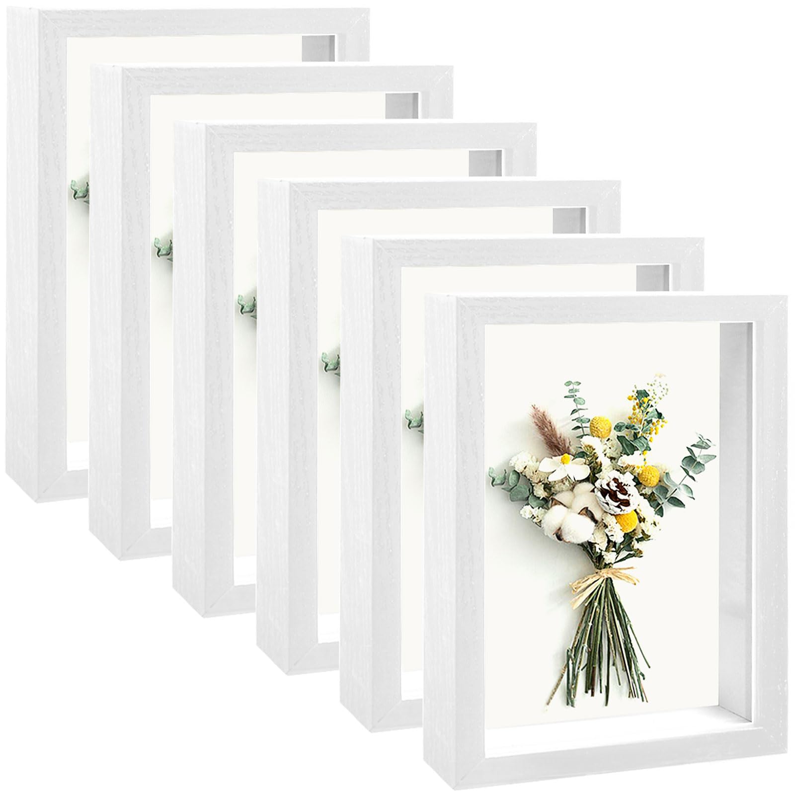 6 Pack Shadow Box Picture Frame, 5x7 Shadow Boxes Display Cases Wood Shadow Box Set for Dried Flowers, DIY Craft, Memorabilia, Medals, Photos, Wall Tabletop Display (5 x 7 Inch, White)