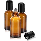 RAMFIYN 3 Pack Amber Roller Bottles for Oils 30ml Refillable Roller Ball Applicator for Travel Glass Roller Bottles with Filling Tool Set and Label