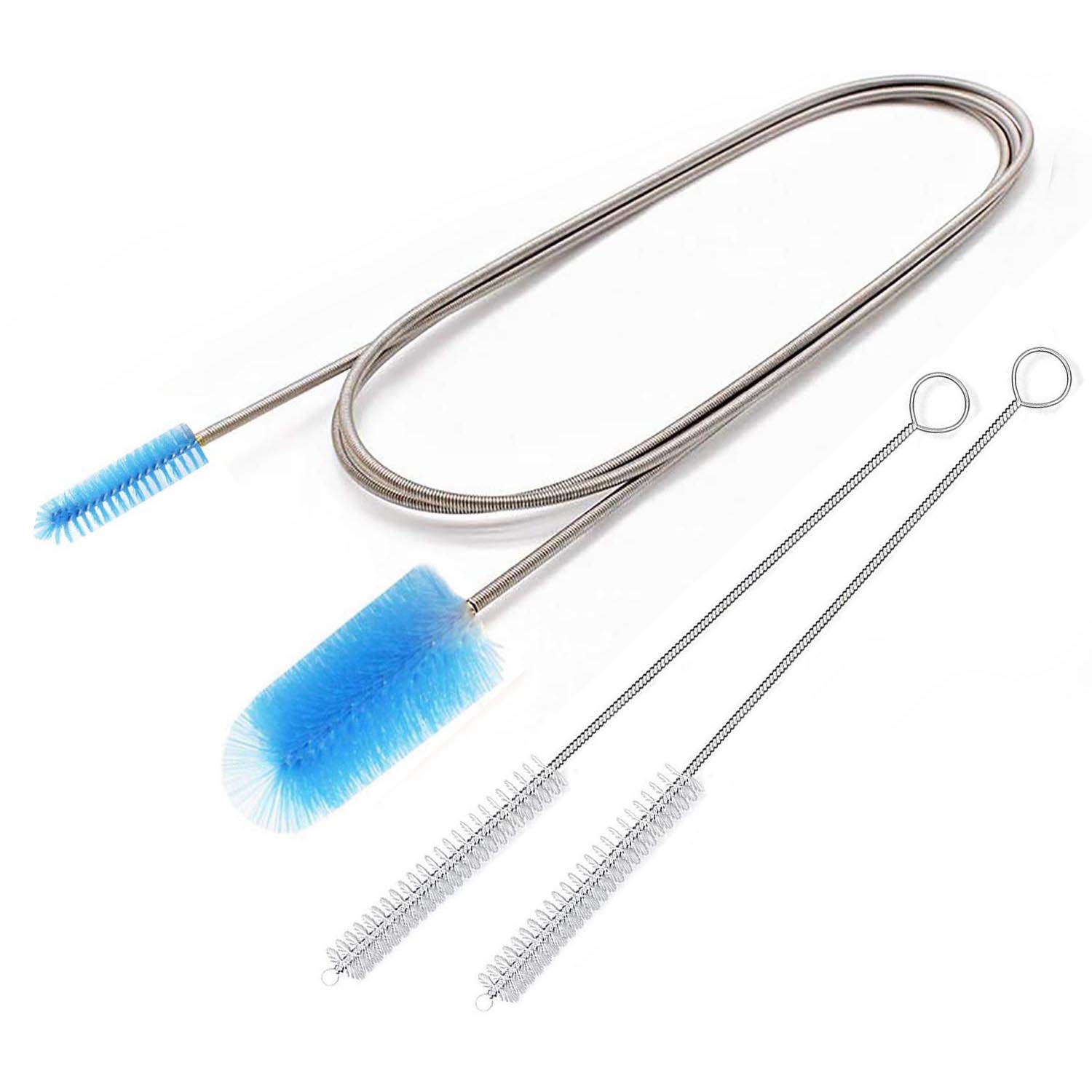 Flexible Drain Brush, Nylon Cleaner Double Ended Elastic Hose Pipe 67-inch and 2 PCS 8.2-inch Straw Cleaning Brush (Blue)