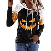 QIANRUO Halloween Hoodie Tshirt for Women Pumpkin Face Graphic Tees Tops Long Sleeve Color Block Pullover Shirt