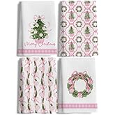 LUKIPOM308 Chinoiserie Pink Christmas Tree Kitchen Towels Set of 4, Coquette Pink Bow Grandmillennial Xmas Dish Tea Towels for Kitchen, Preppy Girly Christmas Hand Towel for Bathroom, 16x24 Inch