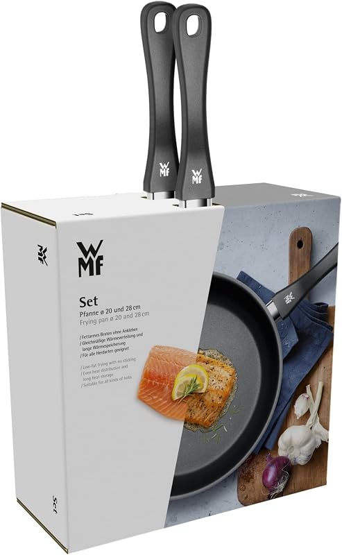 Wmf conjunto de 2 frigideiras antiaderentes devil, 20 e 28 cm, aço inoxidável e revestimento antiaderente para todos os tipos de fogões incluindo indução, sem pfoa, preto