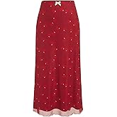 CIDER Womens Mesh Skirts Midi High Waisted Cherry Print Lace Trim Bow Knot Decor Long Skirts