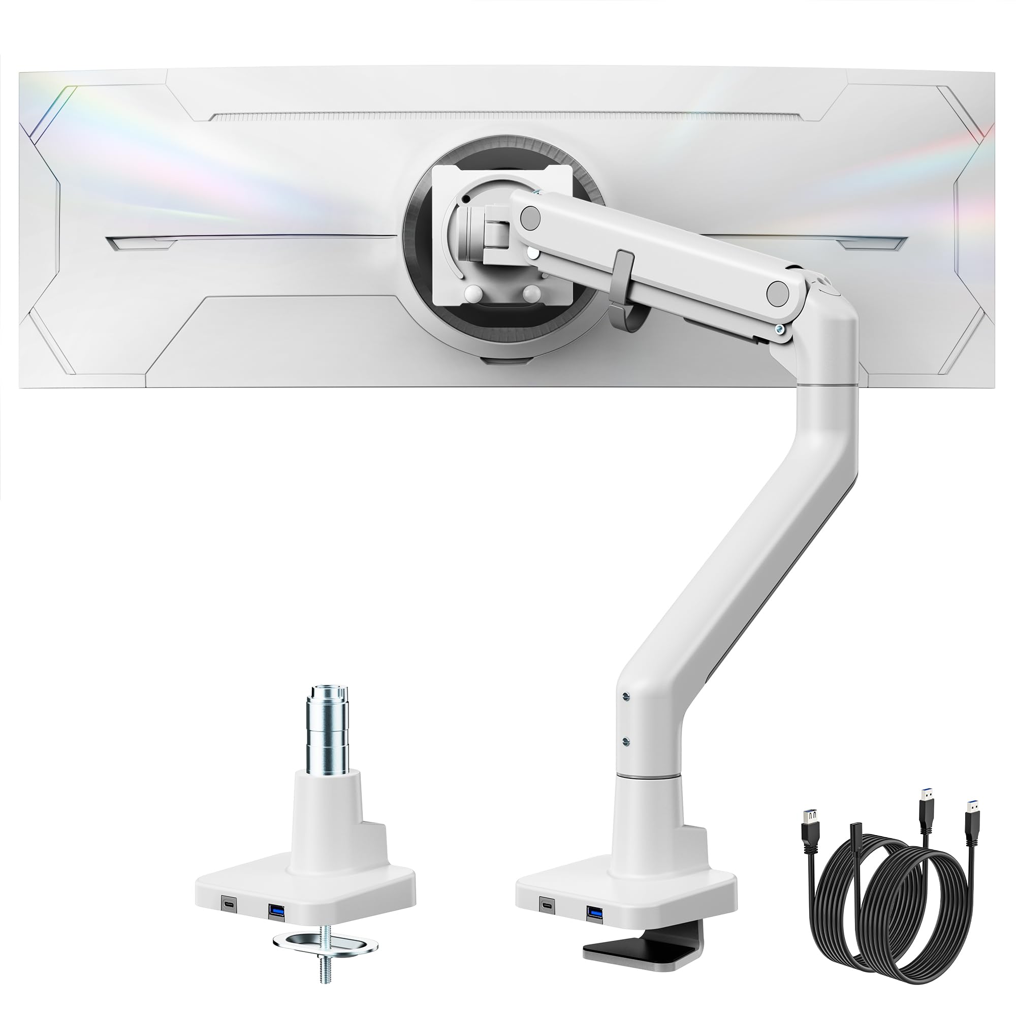 Photo 1 of monTEK Single Monitor Arm with USB A/C, Ultrawide Monitor Stand for 17 to 57 Inch Curved Screen, Holds 59.4 lbs, Adjustable Gas Spring Arm, 75/100 VESA Mount, Clamp & Grommet Desk Mount, White