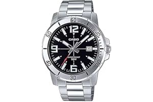 Casio MTP-VD01D-1BV Men's Enticer Stainless Steel Black Dial Casual Analog Sporty Watch, Silver, 48×42×10.7mm, Quartz Movement