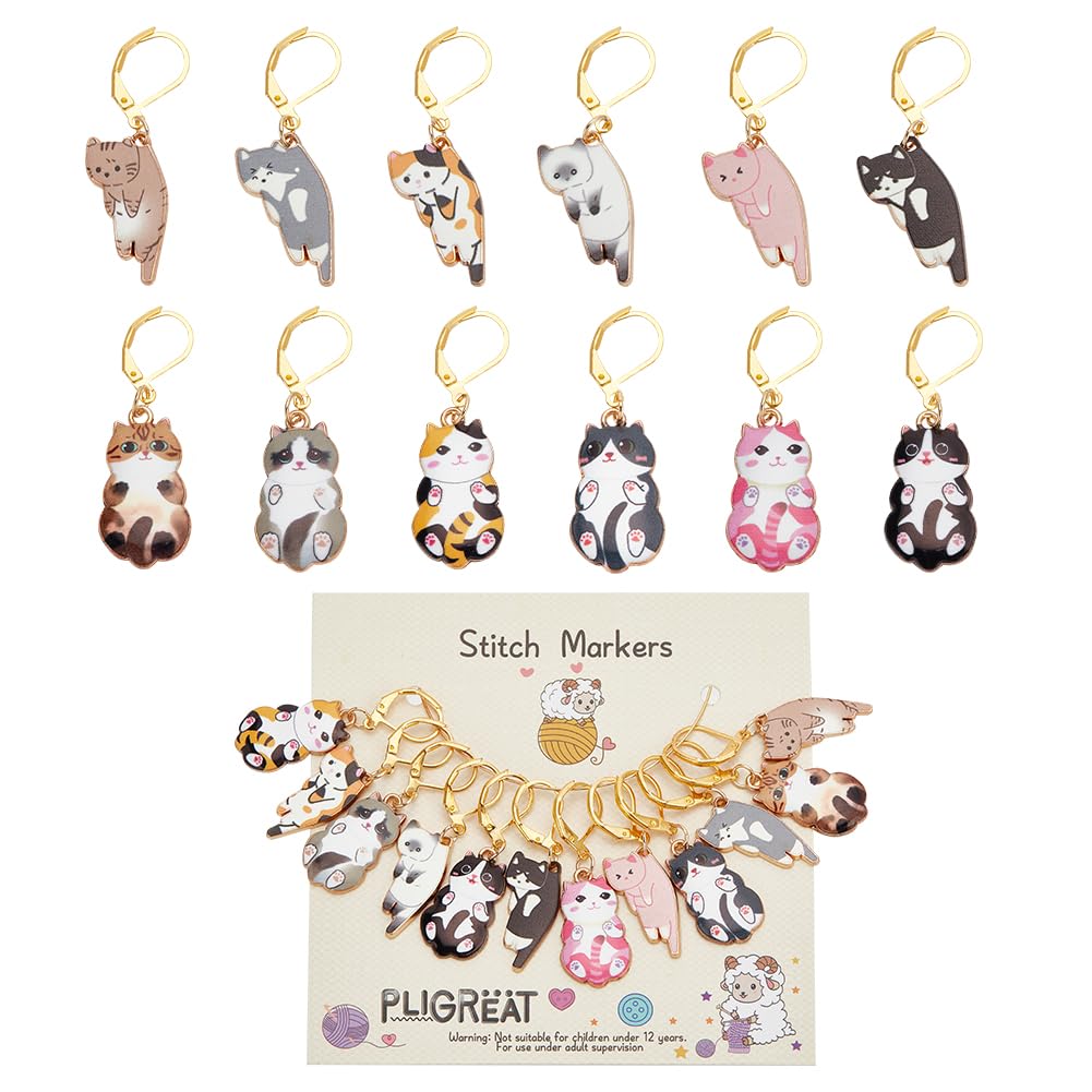 PLIGREAT 12 Pcs Colorful Cute Kitten Stitch Markers Knitting Locking Marker for Grandma Woman Weaving Sewing Quilting DIY Gifts Jewelry Making Accessories Crochet Markers with Lobster Claw Clasp