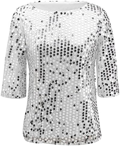 Women Sequin Sparkle Glitter Tank Coctail Party Tops T-Shirt Blouses (Large, White)