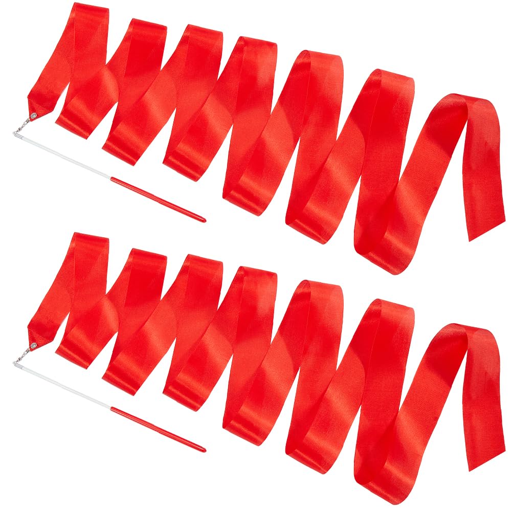 GORGECRAFT 2Pcs Red Dance Ribbons 3.9m Rhythmic Gymnastics Ribbon Dancer Wand Dancing Twirling Streamers Party Decoration Ribbon with Stick for Artistic Dancing Training Circus Carnival Shows