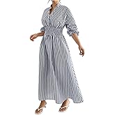 utcoco Women's Beach Boho Striped Smocked Waist Maxi Dress Long Sleeve A-Line Swing Long Dresses